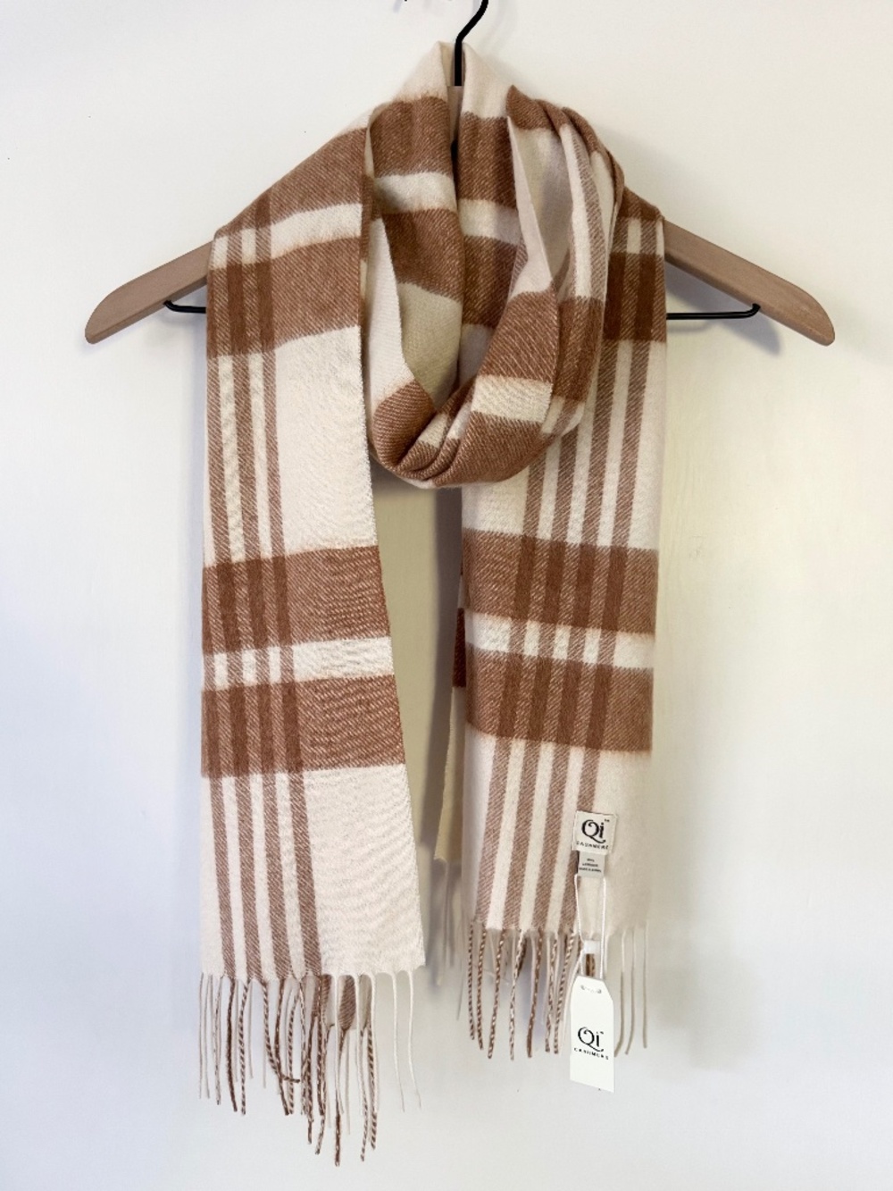 ✨NWT✨ QI CASHMERE 100% Cashmere Plaid Scarf with Fringe in Cream Tan Brown